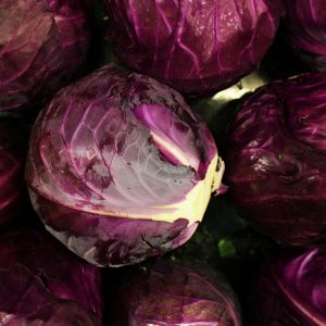 Close-up of fresh, organic red cabbages displaying vivid purple hues.